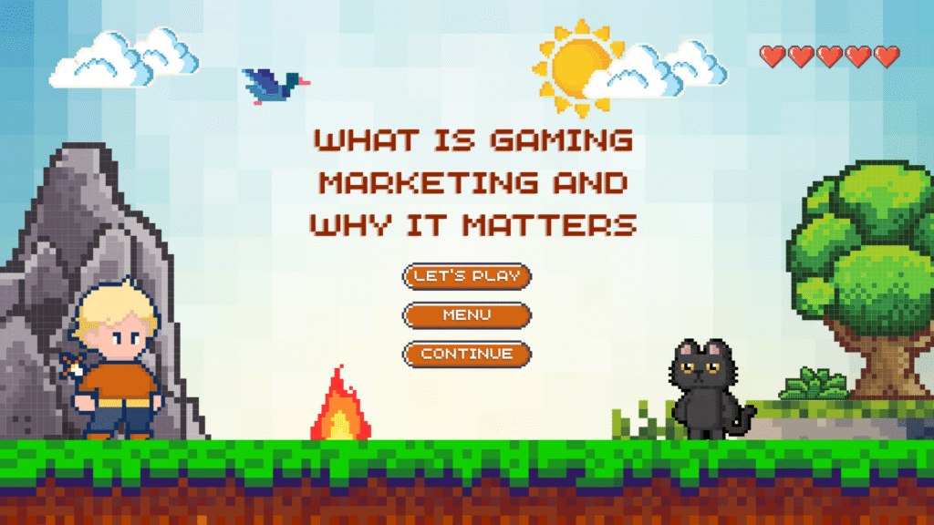 Retro pixel art graphic asking "What is Gaming Marketing and Why It Matters" with game menu buttons, a blonde character, and a black cat