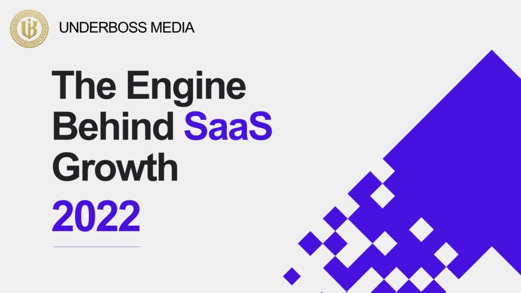 Modern presentation slide with "SaaS Growth Playbook 2022" text. Features the "Underboss Media" logo and name, and a purple geometric design element.
