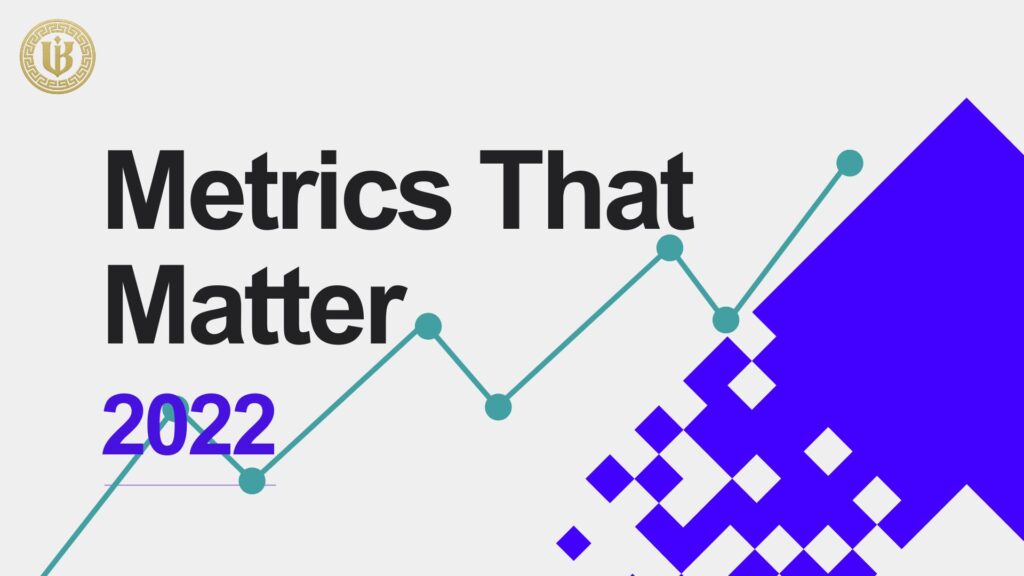 Modern presentation slide with "Metrics That Matter 2022" text and a green-blue line graph showing an upward trend against a light grey background.