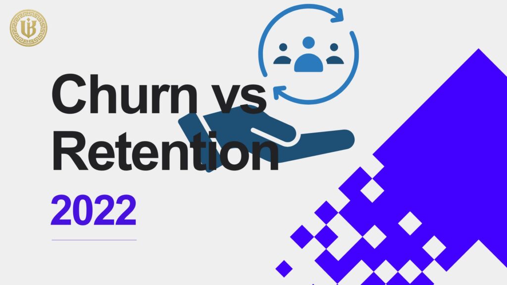 Modern presentation slide with "Churn vs Retention 2022" text and a graphic showing a hand holding people icons in a circular retention/churn loop.