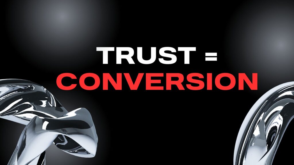 Dark, abstract graphic with "Trust = Conversion" text. Features a central pink and purple, multi-faceted geometric icon, suggesting complex systems designed for security and credibility.