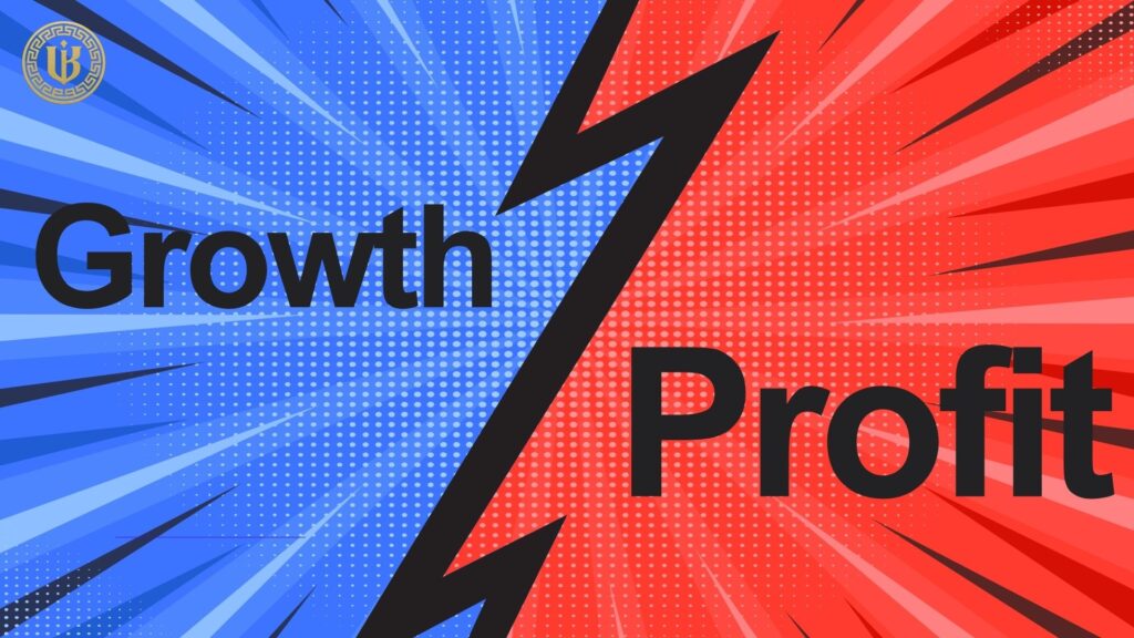 Comic-book style graphic split by a black lightning bolt, with "Growth" on the blue side and "Profit" on the red side.