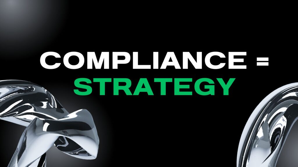 Dark, abstract graphic with "Compliance = Strategy" text. Features a central pink and purple, multi-faceted geometric icon, suggesting that compliance is a core element of business strategy