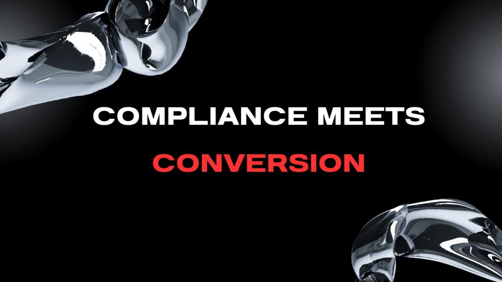 Dark, abstract graphic with "Compliance Meets Conversion" text. Features a central pink and purple, multi-faceted geometric icon, suggesting the interconnectedness of legal requirements and marketing goals.