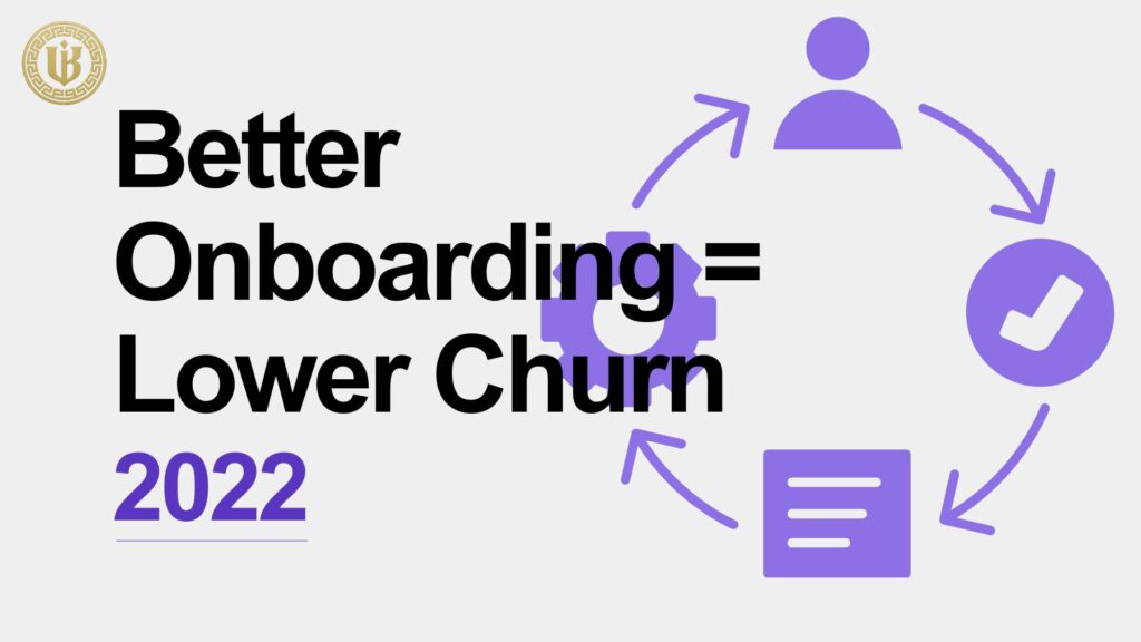 Modern slide with "Better Onboarding = Lower Churn 2022" text, featuring a purple circular flow chart icon showing the steps from a user icon to a checklist with a gear in the middle.