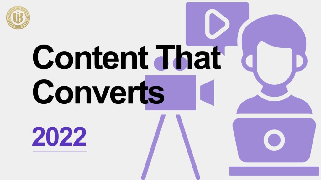 Modern slide with "Content That Converts 2022" text. Features purple icons of a person with a laptop, a video camera, and a speech bubble with a play button.