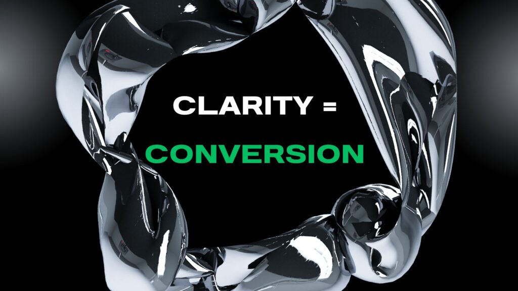 Dark, abstract graphic with "Clarity = Conversion" text. Features a central pink and purple, multi-faceted geometric icon, suggesting a strategy for streamlining complex information.