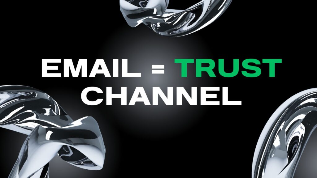 Dark, abstract graphic with "Email = Trust Channel" text. Features a central pink and purple, multi-faceted geometric icon, suggesting a strategy for personalized and credible communication.