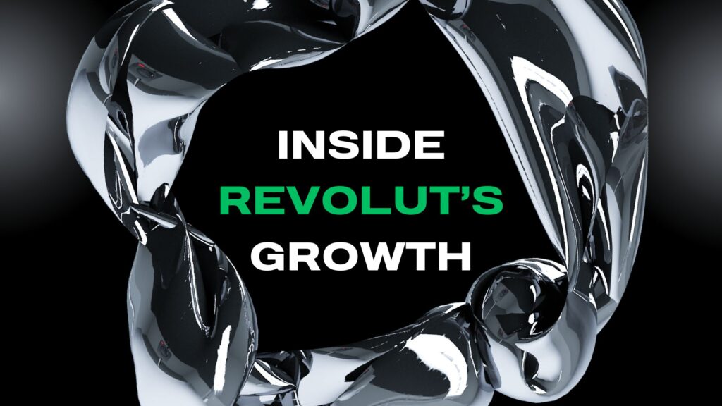 Dark, abstract graphic with "Inside Revolut's Growth" text. Features a central pink and purple, multi-faceted geometric icon, suggesting strategic success and rapid market expansion.
