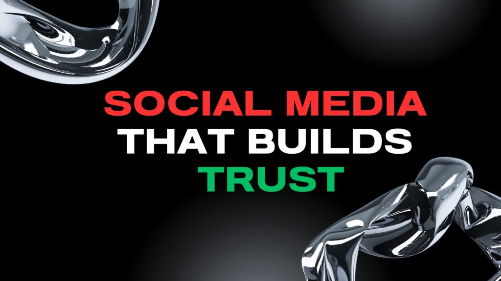 Dark, abstract graphic with "Social Media That Builds Trust" text. Features a central pink and purple, multi-faceted geometric icon, suggesting strategic digital engagement for high-trust industries.
