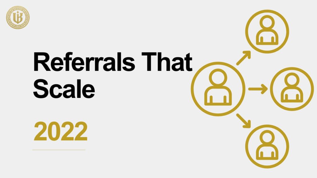 Modern presentation slide with "How to Build a SaaS Referral Program That Actually Works" text. Features a large purple icon of two figures facing each other, connected by a central line, on a light grey background.