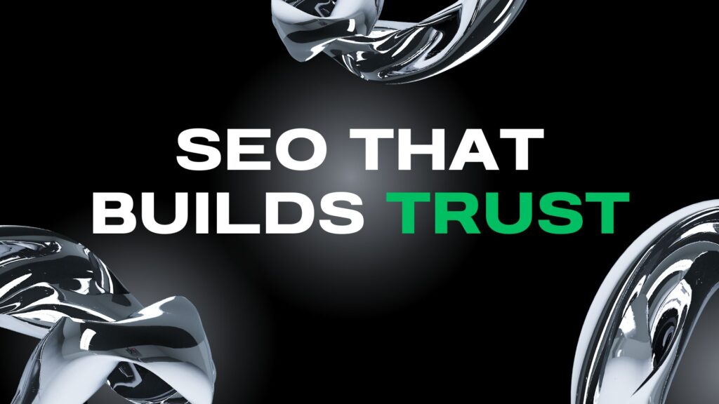 Dark, abstract graphic with "SEO That Builds Trust" text. Features a central pink and purple, multi-faceted geometric icon, suggesting strategic digital authority and credibility systems.