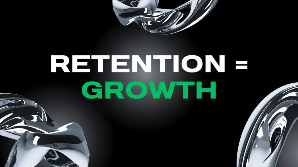 Dark, abstract graphic with "Retention Marketing: Keeping Users Engaged" text. Features a central pink and purple, multi-faceted geometric icon, suggesting strategic success and interconnected systems for customer loyalty.