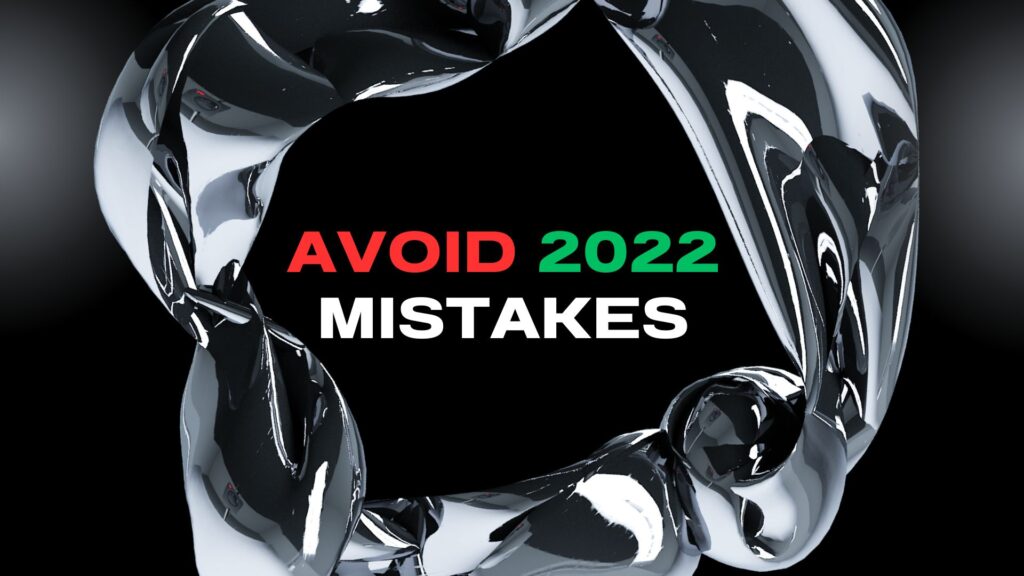 Dark, abstract graphic with "Avoid 2022 Mistakes" text. Features a central pink and purple, multi-faceted geometric icon, suggesting strategic errors and complex challenges.