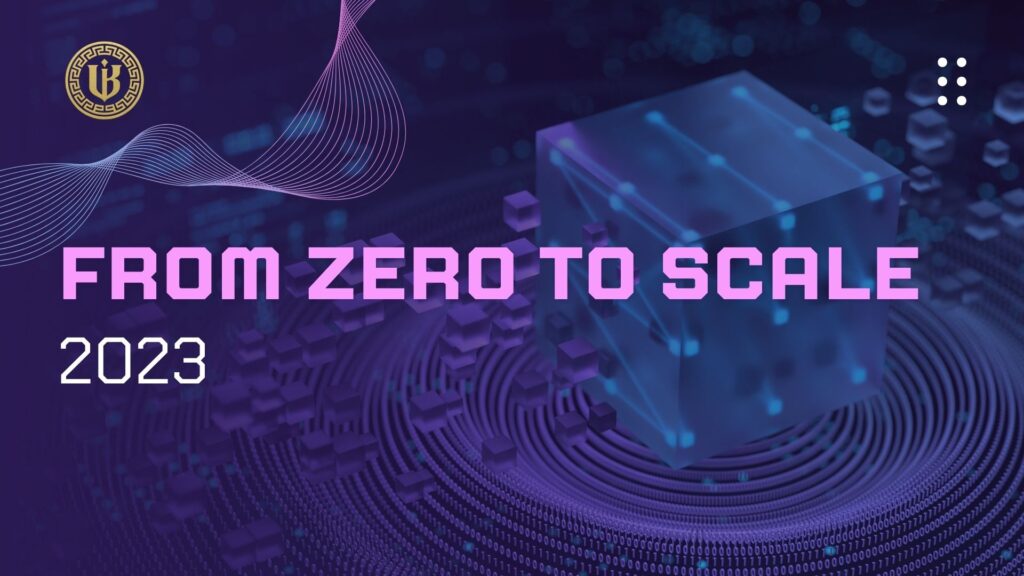 Modern presentation slide with "SaaS Growth Playbook 2023: From Startup to Scale" text. Features the "Underboss Media" logo and name, and a purple geometric design element.