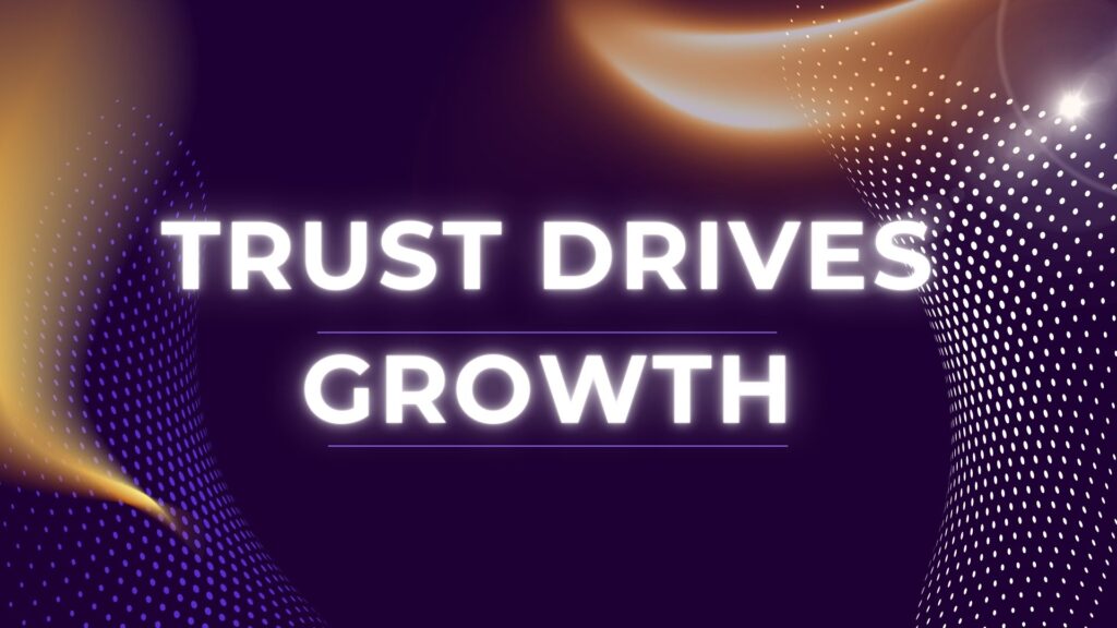 Dark, abstract graphic with "Trust Drives Growth" text. Features a central pink and purple, multi-faceted geometric icon, suggesting strategic success powered by credibility.