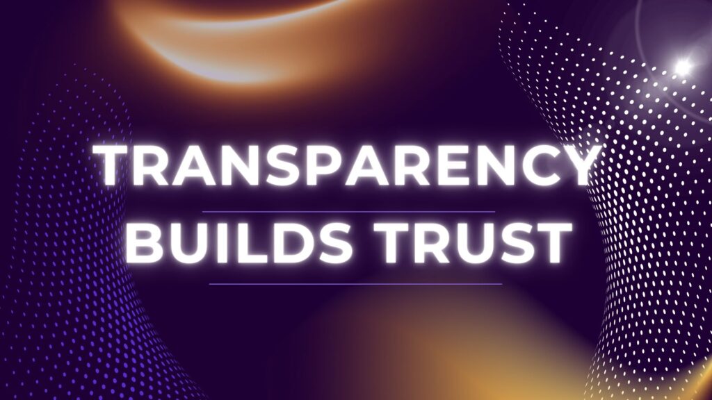 Dark, abstract graphic with "How to Build Trust Through Transparency" text. Features a central pink and purple, multi-faceted geometric icon, suggesting clear, honest systems.