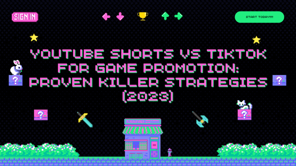 Dark, neon pixel art graphic comparing short-form video strategies. The text reads: "YOUTUBE SHORTS VS TIKTOK FOR GAME PROMOTION: PROVEN KILLER STRATEGIES (2023)." Features a retro storefront, a white bunny, a cat, and game items, highlighting the competitive nature of short-form game content marketing.