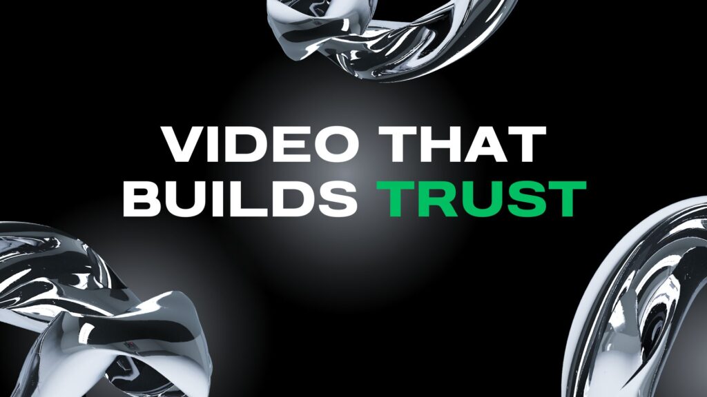 Dark, abstract graphic with "Videos That Build Trust" text. Features a central pink and purple, multi-faceted geometric icon, suggesting complex, transparent communication.