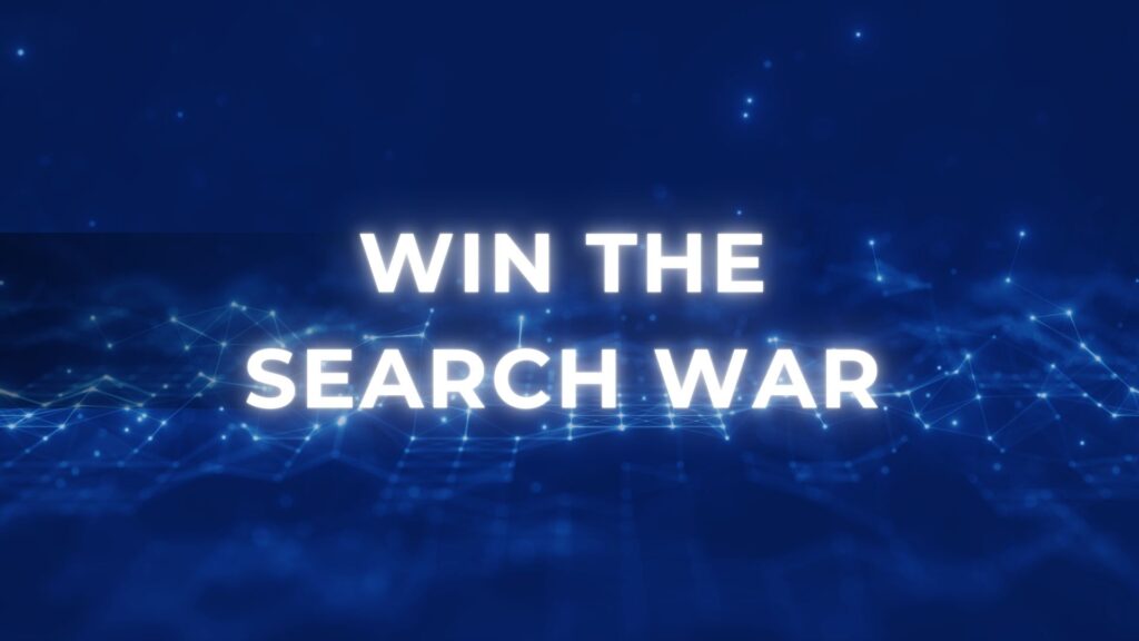 High-tech background with glowing interconnected dots and the text "WIN THE SEARCH WAR" in bold white typography.