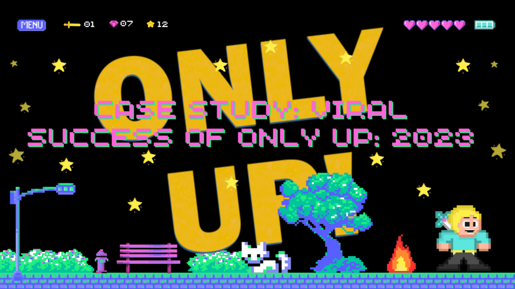 Dark pixel art graphic with large yellow text reading "ONLY UP!" and central pink text reading "CASE STUDY: VIRAL SUCCESS OF ONLY UP! 2023." Features a game character, a white cat, a tree, and a campfire, illustrating the unexpected viral success of the game Only Up!.