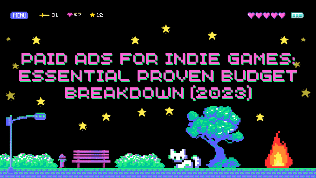 Dark, neon pixel art graphic detailing paid ad budget breakdown for indie games. The text reads: "PAID ADS FOR INDIE GAMES: ESSENTIAL PROVEN BUDGET BREAKDOWN (2023)." Features a white cat, a tree, a bench, and a campfire, illustrating strategic low-budget game advertising.