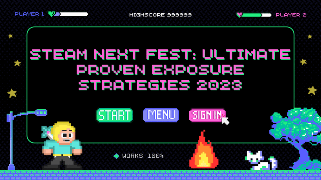 Dark, starry pixel art graphic focusing on Steam Next Fest strategies. The text reads: "STEAM NEXT FEST: ULTIMATE PROVEN EXPOSURE STRATEGIES 2023." Features a game character, a campfire, a white cat, and menu buttons, illustrating successful Steam visibility tactics.