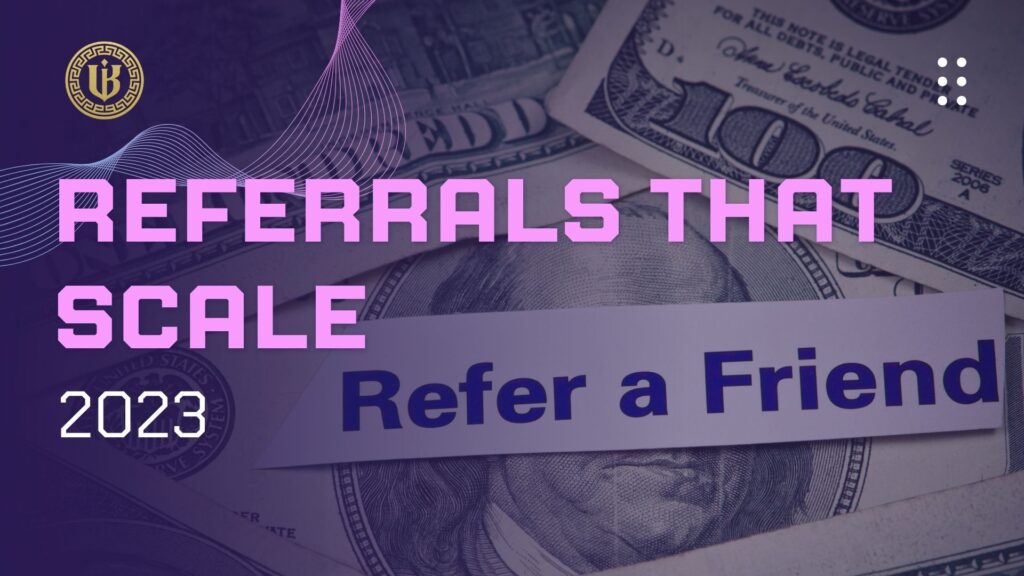 Modern presentation slide with "The Psychology Behind Referral Programs That Actually Scale" text. Features the "Underboss Media" logo and name, and a purple geometric design element.