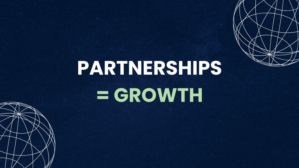 Fintech marketing banner with the text "PARTNERSHIPS = GROWTH" on a dark blue background with white globe wireframes.