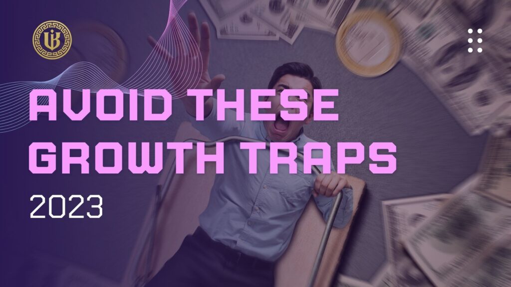 Modern presentation slide with "Common SaaS Growth Mistakes to Avoid in 2023" text. Features the "Underboss Media" logo and name, and a purple geometric design element.