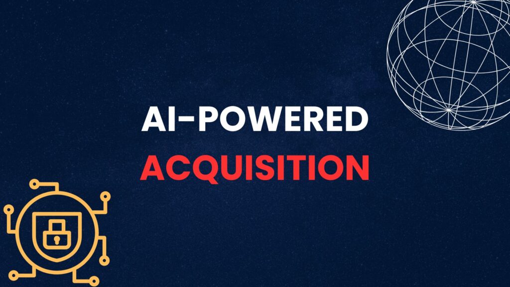 Fintech marketing graphic with the text "AI-POWERED ACQUISITION" in white and red, featuring a yellow circuit lock icon and a wireframe globe on a dark blue background.