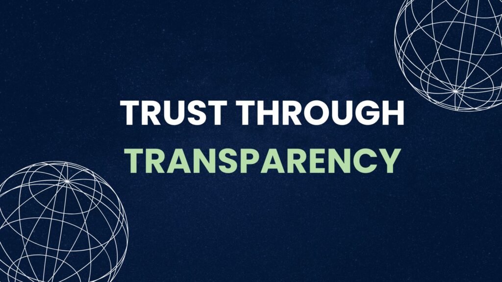 Fintech marketing banner with the text "TRUST THROUGH TRANSPARENCY" on a dark blue background with white wireframe globes.