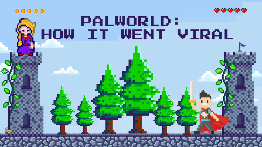 Pixel art graphic with "PALWORLD: HOW IT WENT VIRAL" text, a mage on a tower, a knight on the ground, and a line of pine trees.