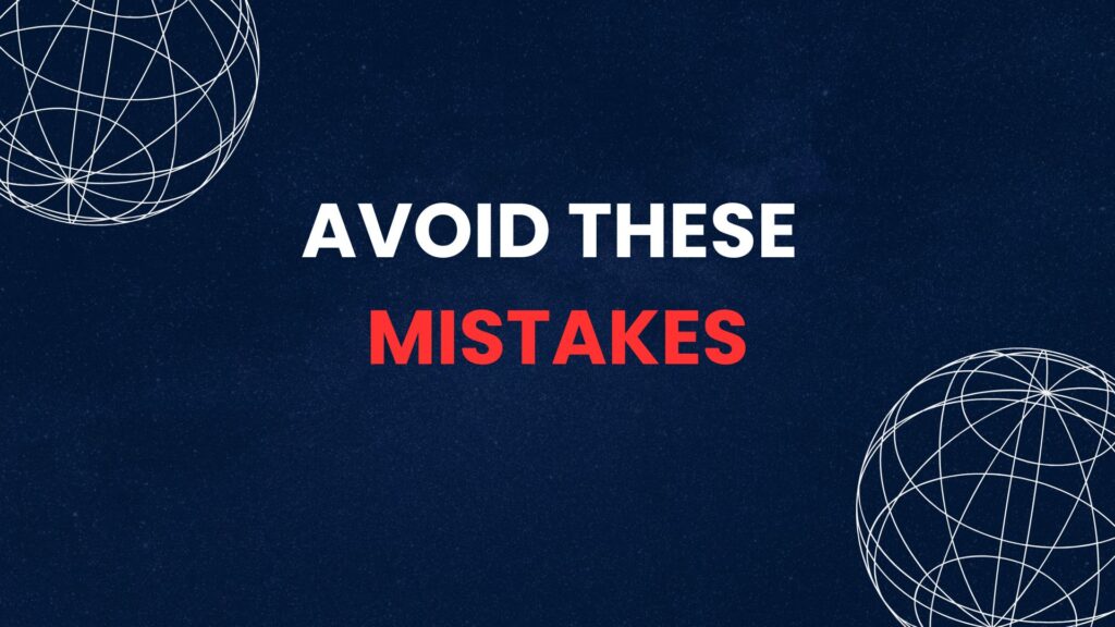 Fintech marketing banner with the text "AVOID THESE MISTAKES" in bold white and red letters on a dark blue background with white globe wireframes.