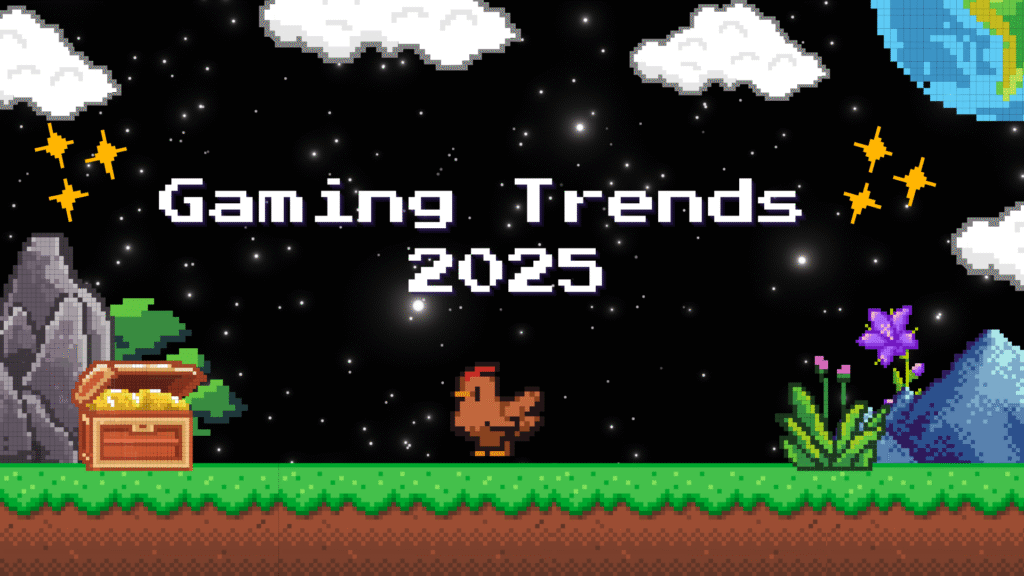 Dark pixel art scene with a starry sky and the text "Gaming Trends 2025." Features a chicken, a treasure chest, a mountain, and a pixelated Earth.