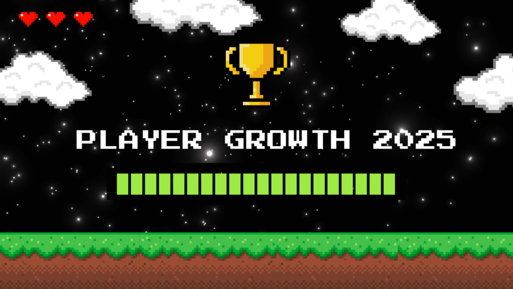 Dark pixel art scene with 'PLAYER GROWTH 2025' text, a golden trophy, and a green progress bar on a starry background.