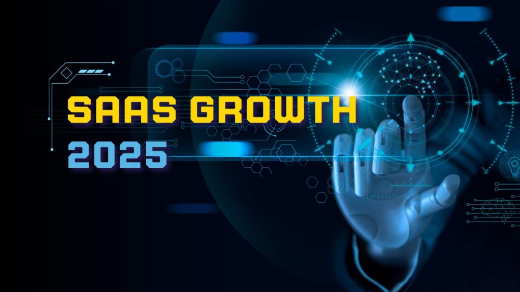 Dark, abstract graphic with "AI-Powered SaaS Growth Hacks That Actually Work" text. Features a central pink-purple geometric icon, suggesting technology and efficiency.