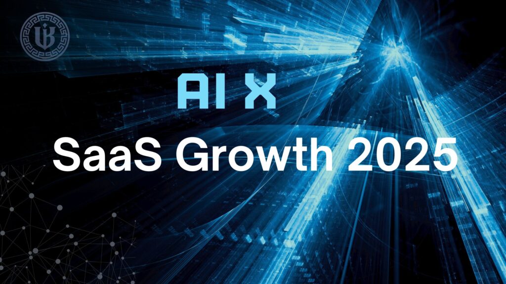 Dark, abstract graphic with "SaaS Growth in 2024: Scaling Beyond the Startup Stage" text. Features a central pink-purple icon representing a chart or rising structure, suggesting financial growth.