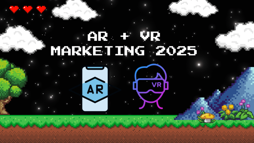 Pixel art graphic with 'AR + VR MARKETING 2025' text. Features an icon of a smartphone for AR and an icon of a VR headset on a starry night background.