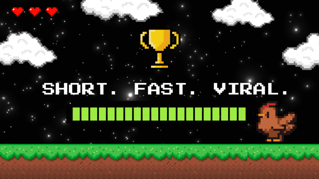 Dark pixel art scene with 'SHORT. FAST. VIRAL.' text. Features a golden trophy, a green progress bar, and a running chicken character on a starry night background.