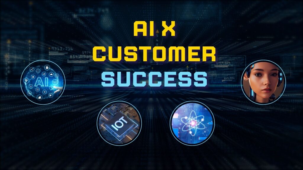 Dark, abstract graphic with "The AI-Powered Future of SaaS Customer Success" text. Features a central pink-purple geometric icon, suggesting advanced technology and optimized retention systems.