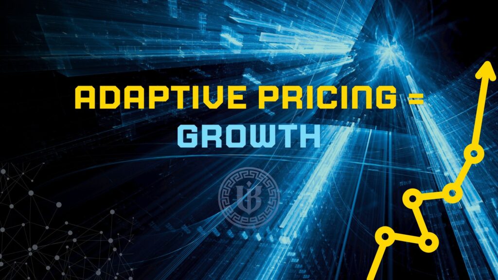 Dark, abstract graphic with "Adapting Pricing = Growth" text. Features a central pink-purple geometric icon, suggesting strategic success and data-driven financial decisions.