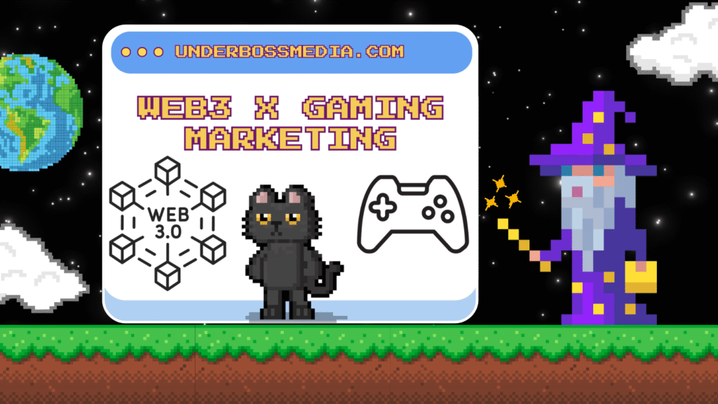 Pixel art graphic with 'WEB3 X GAMING MARKETING' text displayed on a screen. Features a wizard, a black cat, a gamepad icon, a Web 3.0 graphic, and a pixelated Earth.