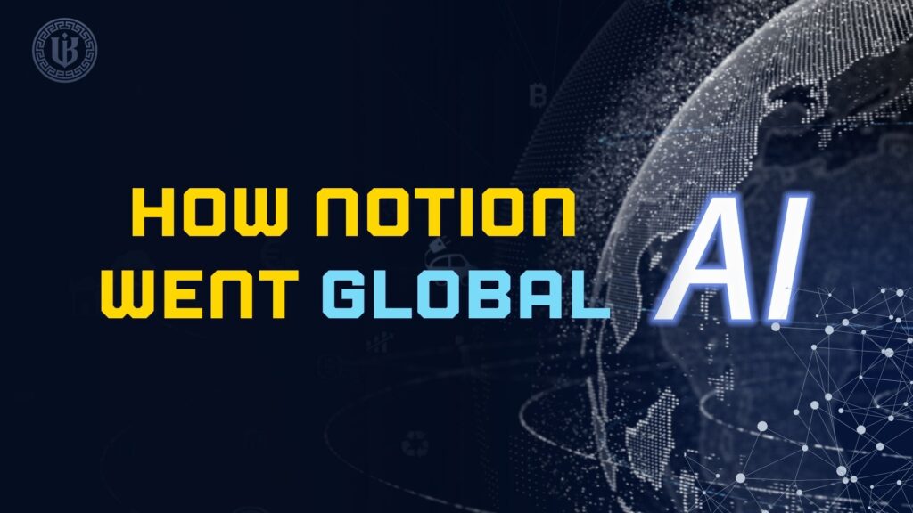Dark, abstract graphic with "How Notion Went Global" text. Features a central pink and purple, multi-faceted geometric icon, suggesting complex, interconnected systems for international market strategy.
