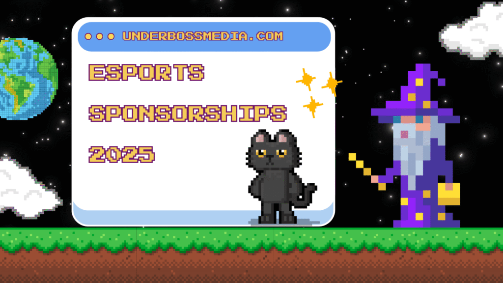 Pixel art graphic with 'ESPORTS SPONSORSHIPS 2025' text on a screen. Features a wizard, a black cat, three stars, and a pixelated Earth on a starry night background.