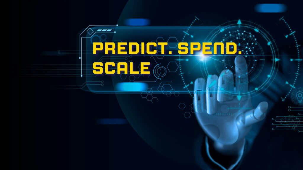 Dark, abstract graphic with "Predict. Spend. Scale." text. Features a central pink and purple, multi-faceted geometric icon, suggesting a complex, strategic process.