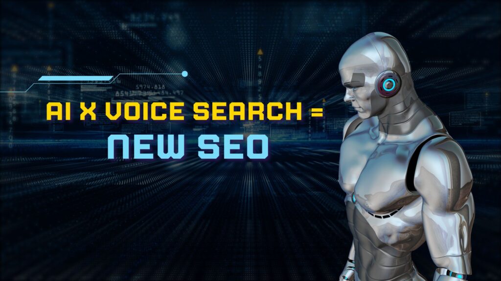 Dark, abstract graphic with "AI and Voice Search = New SEO" text. Features a central pink and purple, multi-faceted geometric icon, suggesting complex technological shift and optimized search strategies.