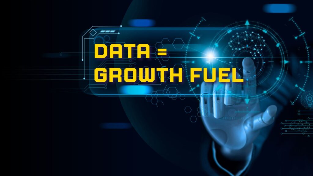 Dark, abstract graphic with "Data = Growth Fuel" text. Features a central pink and purple, multi-faceted geometric icon, suggesting strategic success and data analysis powering expansion.
